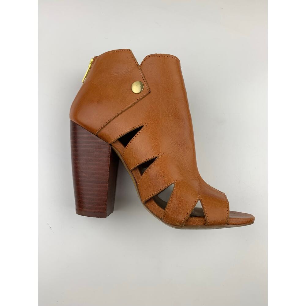 Kelsi Dagger Brooklyn KDB Peep Toe Ankle Boots Tan Leather Heels Women's 6.5 - Picture 7 of 13